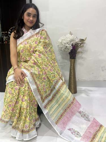 Pure Linen Saree With Hand Block Print And blouse