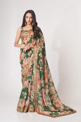 Embroidery Work Organza Dark Green Saree by amar enterprise