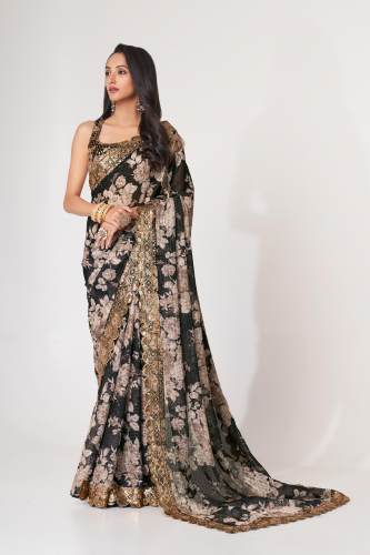 Fancy Black Organza Embroidery  Work Saree