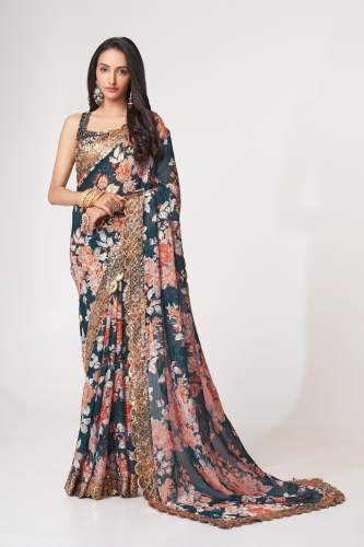 Fancy Embroidery Work Grey Organza Saree