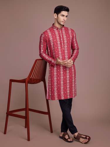 Red Rayon Foil Print Mens Kurta