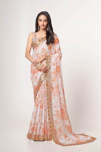 New White Organza Sequnins Work Saree