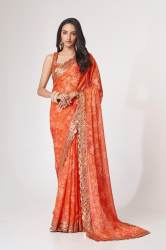 Orange Organza Sequnins Work Saree by amar enterprise