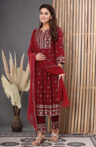 Beautiful  Red Heavy Rayon Ready made Suit 