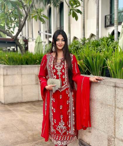 Designer Faux Georgette Sequence Embroidery Work Top Pant With Dupatta