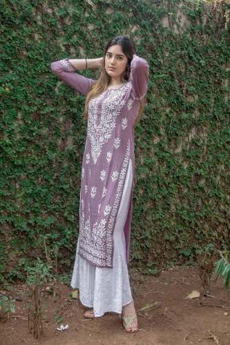 Fancy Rayon Cotton Chikan Kari work Kurti With Palazzo