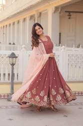 Faux Georgette Sequins  Zari Thread Work Gown With Dupatta 