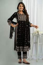 Heavy Rayon Foil Print Black Ready Made Suit 