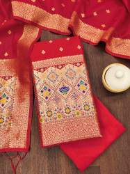 BANARASI SILK UNSTICH SUIT RED