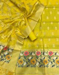 Flower print Zari Weaving Silk Fabric Banarasi unstitch dress