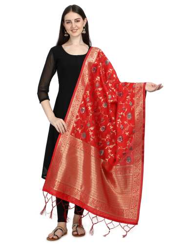 RED BANARASI SILK WITH FLOWER PATTERN DUPATTA