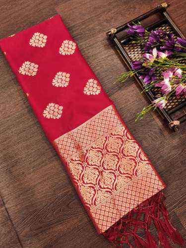 RED BANARSAI SILK DUPATTA WITH FLOWER TREE ZARI