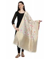 WHITE BANARASI SILK WITH FLOWER PATTERN DUPATTA