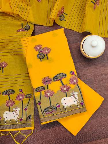 YELLOW BANARASI SILK UNSTICH SUIT .,.,