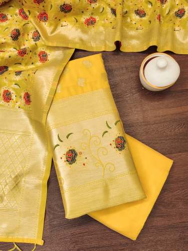 YELLOW BANARASI SILK UNSTICH SUIT