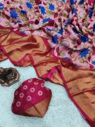 Branded And Luxuries Heavy Moss Chiffon Saree With Floral Kalamkari Print