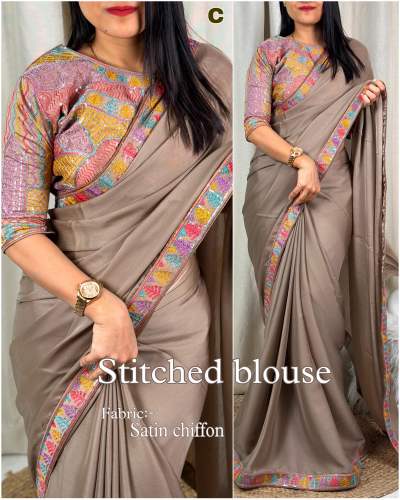 Elegant And Classical Navrangi Design Plan Solid Saree With Embroidery Lace & Stitched Blouse