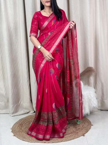 Cotton Linen Perfect Printed Saree With Finest Katha Thread Work