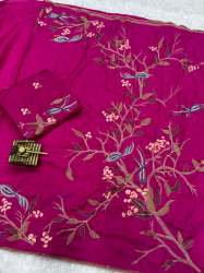 Fashionable Perfect Solid Color Saree With Finest Embroidery Thread Work