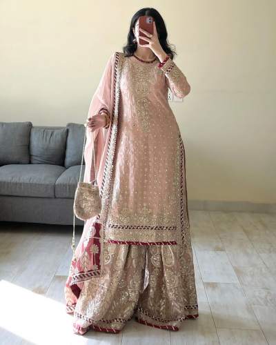  Foux Gorgette Presenting Sharara Suit With Sequnce With Rivet Moti With Fancy Lace Broder