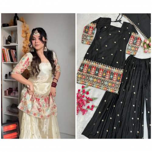 Heavy Chinon Silk Embroidery Work Palazzo Suit by Angel Boutique