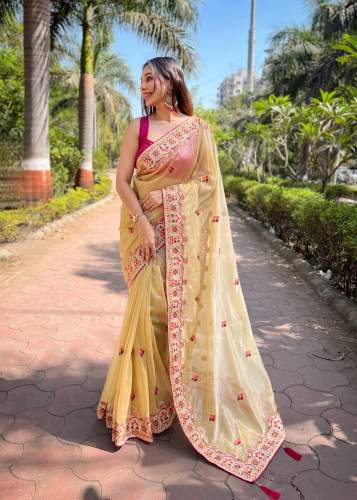 Most Demanding Designer Embroidery Work Twill Net Saree