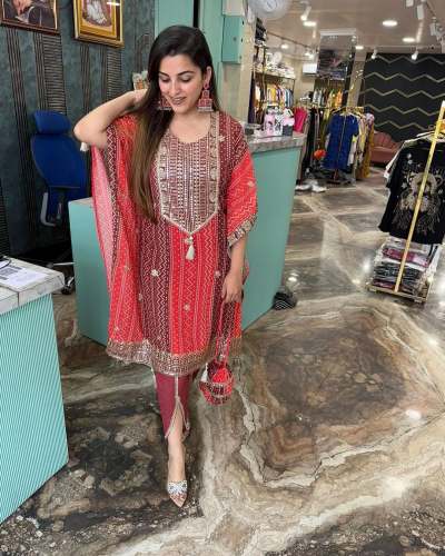 Presenting New Designer Collection In Pure Chinnon With Embroidery Sequence Work Kaftan Set 