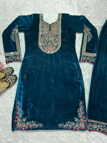 Pure Heavy Viscous Velvet Kurti Pant Set With Heavy Embroidery Coding Sequence Work