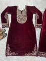 Pure Heavy Viscous Velvet Kurti Pant Set With Heavy Embroidery Coding Sequence Work thumb 2