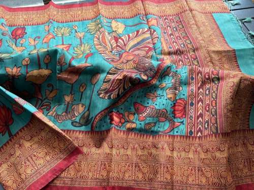Refreshing  New Style Linen Digital Print Saree With Kalamkari Print