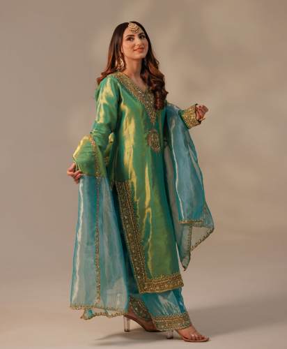 Soft Twill Net Silk Embroidery Work Palazzo Suit by Angel Boutique