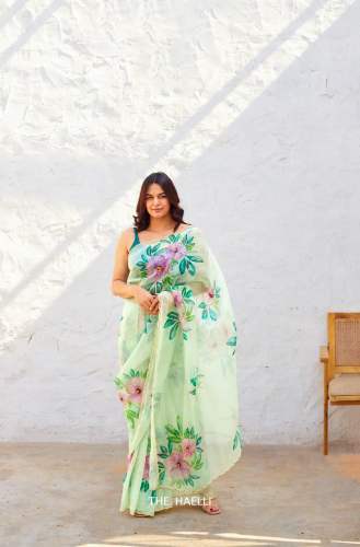 Beautiful Soft Organza Beautiful Floral Print With Beads And Katdana Handwork by Brandz Me