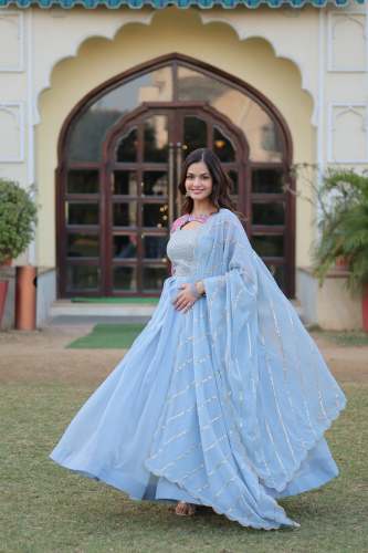Faux Georgette Premium Designer Readymade Gown With Rich Floral Position Print Work