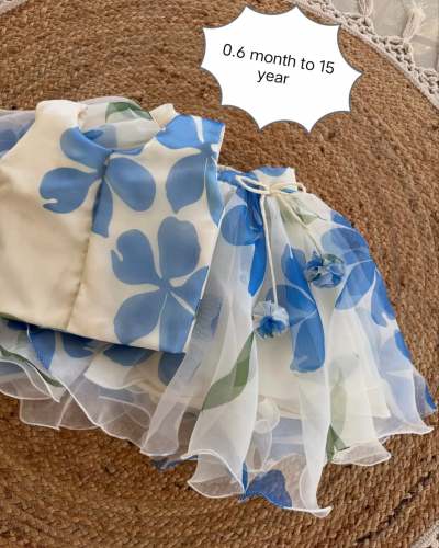 Print Organza Top Back Oppning And Front Beautiful Flower And Skirt Attched With Belt