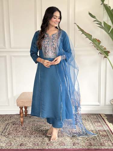 Beautiful And Classical Chanderi Viscose Top Bottam Dupatta With Embroidery Work by Shivanya Fashion