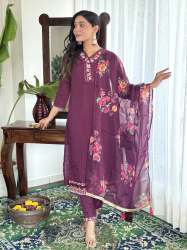 Elegant And Trendy Collection Chanderi Kurta Set With Embroidered Pattern