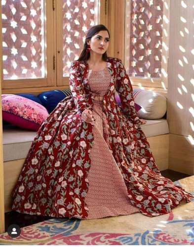 Adorn Super Gorgeous Rayon Cottan Crop top Skirt With Shrug Rayon Cottan by Aadhya Fashion