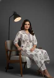 Off White Block Print Cotton kurta Set