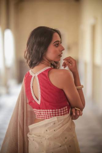 Princess Check Vintage Lace Red Jamdani Blouse by Katha A Tale Weaves