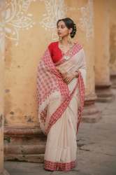 Regal Multi-Flower Lal Sada Handwoven Jamdani Saree by Katha A Tale Weaves