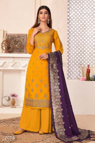 Mustard Yellow Designer Semi Stitched Suit with Purple Dupatta by TOMS GLOBE