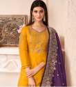 Mustard Yellow Designer Semi Stitched Suit with Purple Dupatta thumb 1
