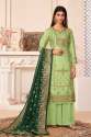 Traditional Designer Semi Stitched suit Dark green embroidered dupatta with floral border work