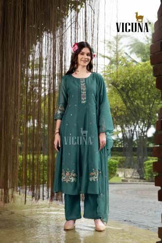 Mal Chanderi Embroidery cut work Kurti Green 