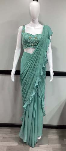 Green Pre Draped Ready to Wear Saree Ethic Saree Supplier