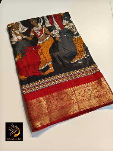TRADELINE ENTERPRISE Beautiful light weight Pure dola silk sarees with all over kalamkari design ï»¿