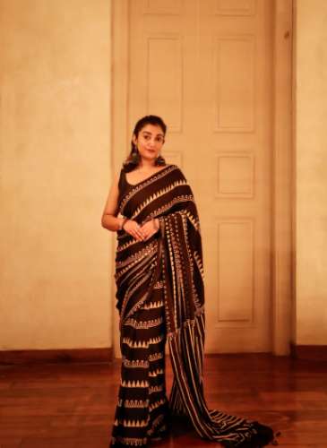 Ajrak Print Modal Silk Sarees- Leheriya Black by Daiveya Lifestyle Pvt ltd