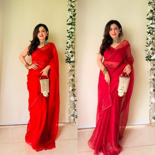 Rose handwork pure organza silk- Red by Daiveya Lifestyle Pvt ltd