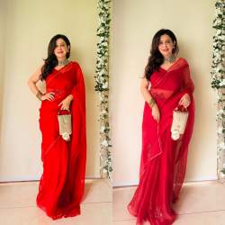 Rose handwork pure organza silk- Red