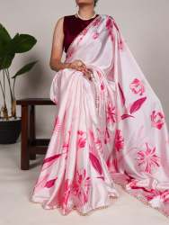 Pearl-Edged Floral Satin Saree